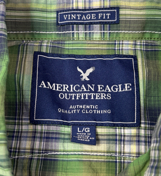 American Eagle Vintage Fit Men’s L Green Plaid Western Pearl Snap Shirt