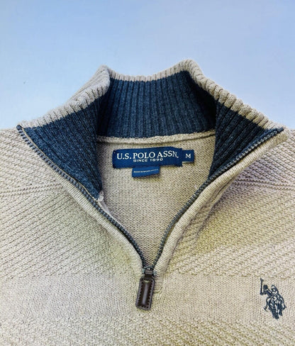 U.S. Polo Assn Quarter Zip Sweater Men’s Medium Tan Beige Textured Knit Pullover