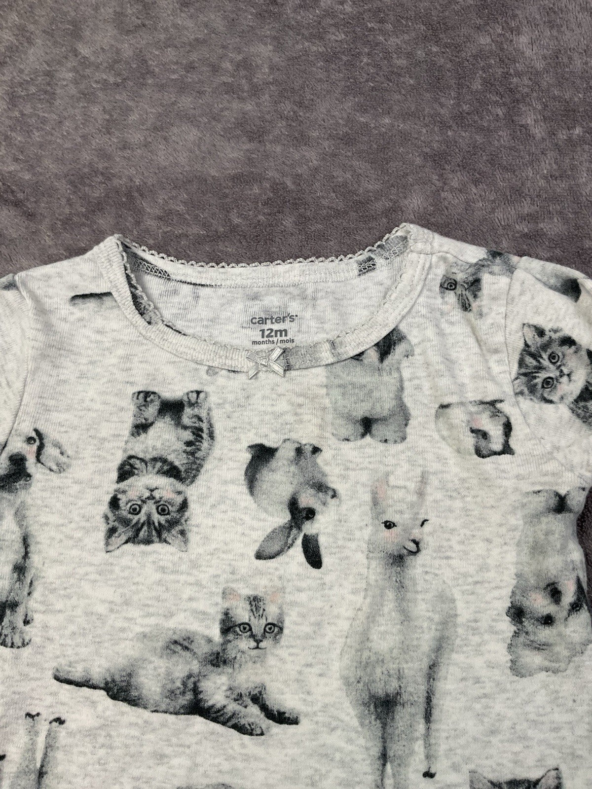 Carter's Girls 12M Gray Animal Print Long Sleeve Shirt Kittens Puppies Bunnies