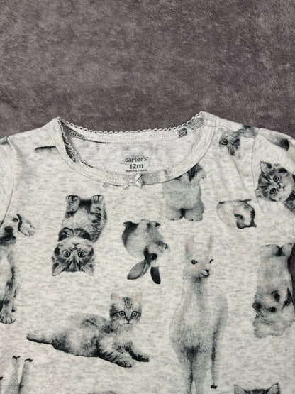 Carter's Girls 12M Gray Animal Print Long Sleeve Shirt Kittens Puppies Bunnies