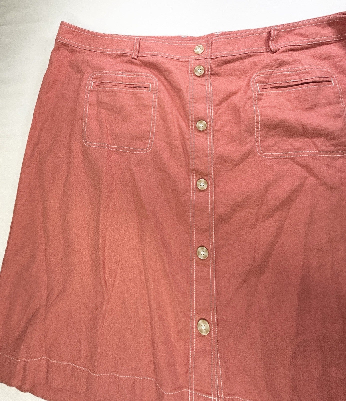 CJ Banks Women's 2X Coral Linen Blend Button Front Midi Skirt Belted Plus Size