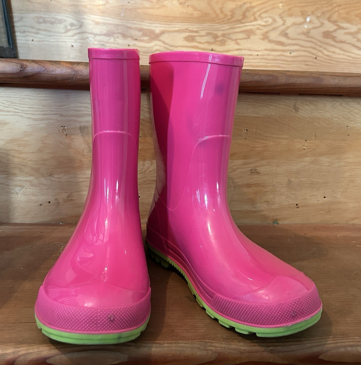 Kids Pink Green Rubber Rain Boots Size 13/1 Waterproof Made in Canada