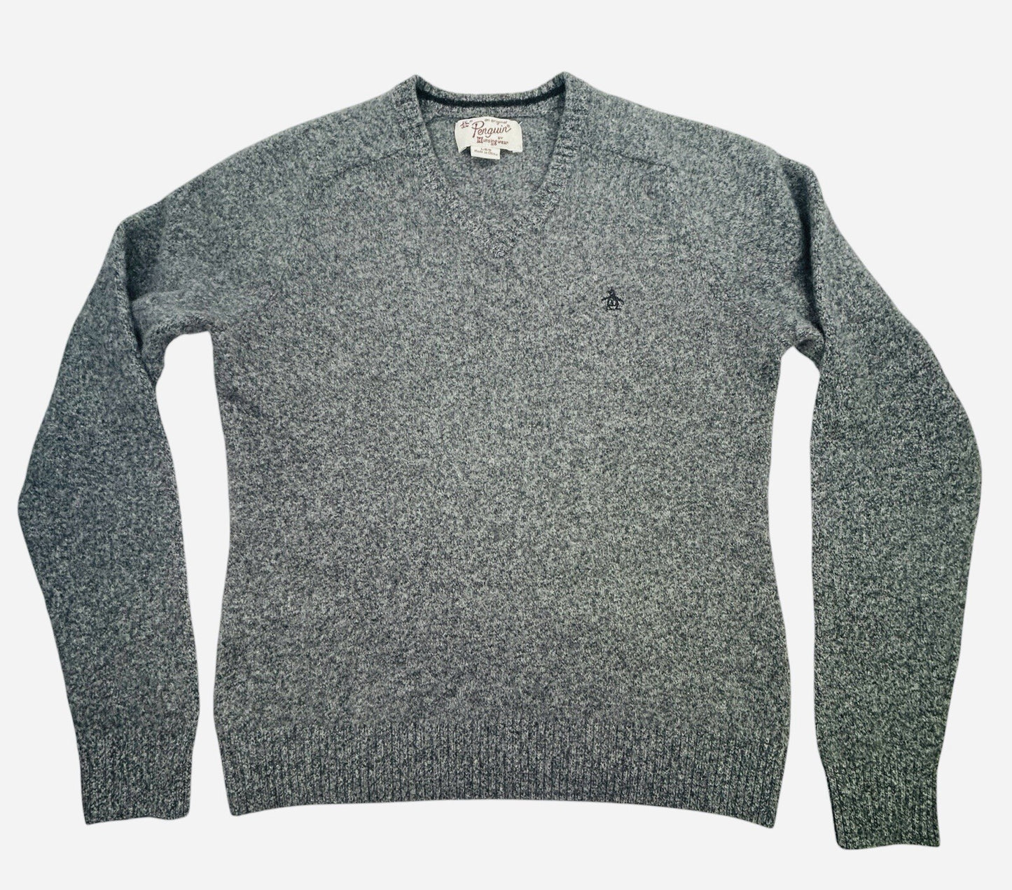 Original Penguin 100% Lambswool Gray V-Neck Sweater Men's Large Logo Soft
