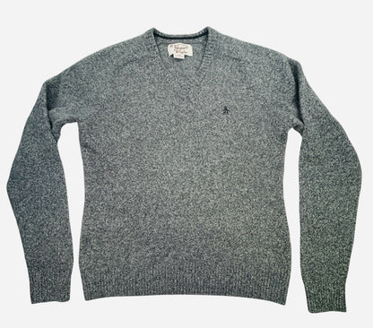 Original Penguin 100% Lambswool Gray V-Neck Sweater Men's Large Logo Soft