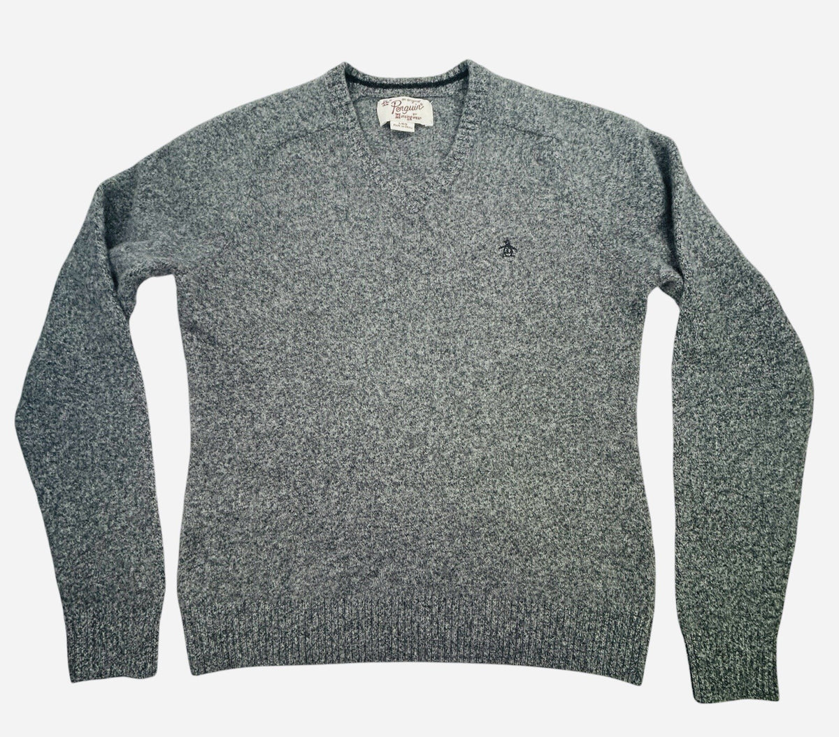 Original Penguin 100% Lambswool Gray V-Neck Sweater Men's Large Logo Soft