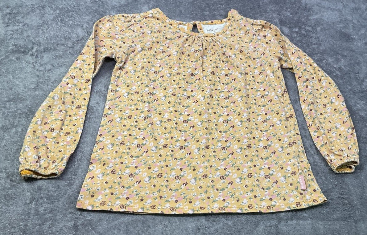 BCBG Girls Floral Long Sleeve Top Mustard Yellow Size 8 Keyhole Back Boho