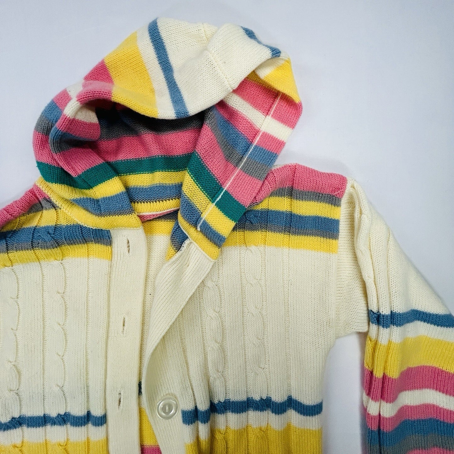 Women's Hooded Cable Knit Cardigan Sweater Pastel Stripe Button Front Pockets