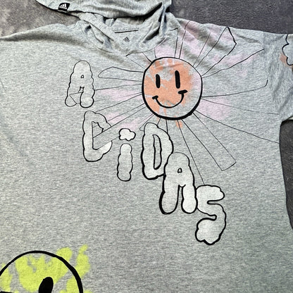 Adidas Girls XL 16 Grey Heather Smiley Face Graphic Long Sleeve Hooded Tee
