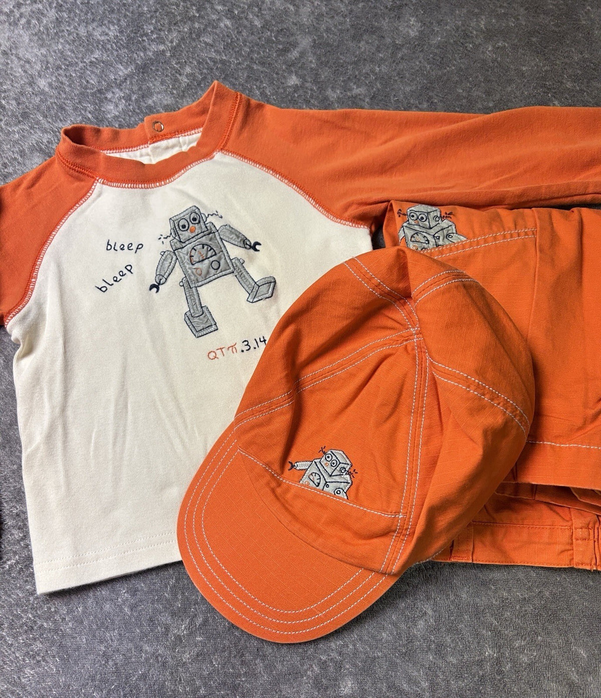 Gymboree Boys 3 Pc Outfit Set 12-24M Robot Shirt Pants Hat Orange Toddler