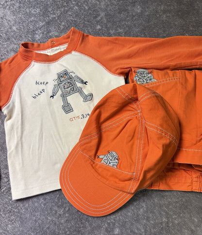Gymboree Boys 3 Pc Outfit Set 12-24M Robot Shirt Pants Hat Orange Toddler