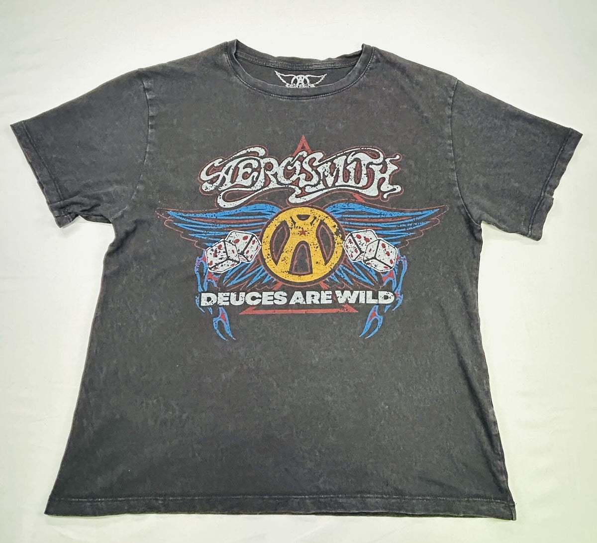 Aerosmith Deuces Are Wild Graphic Band T Shirt Mens XS Black Distressed Rock Tee