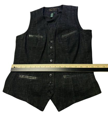 Ralph Lauren Jeans Co. Denim Vest Womens Medium Black Button Front Leather Trim