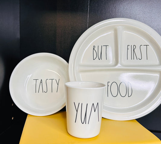 Rae Dunn Kids Dinnerware Set - BUT FIRST FOOD Divided Plate,  TASTY Bowl & YUM Cup - Artisan Collection