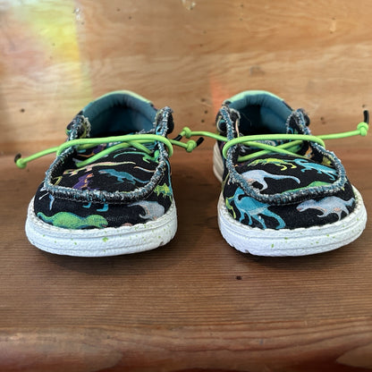Hey Dude Wally Toddler C8 Dinosaur Shoes Black Multicolor Green Bungee Lace