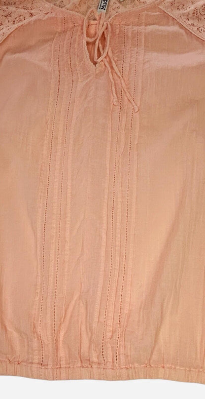 Mudd Womens Large Peach Boho Peasant Blouse Lace 3/4 Sleeve Cotton Top
