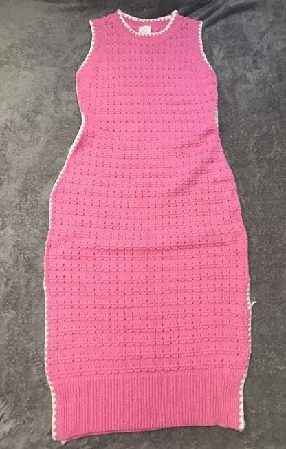 So Me Reece Pink Pointelle Knit Midi Dress Women’s L Sleeveless Contrast Trim