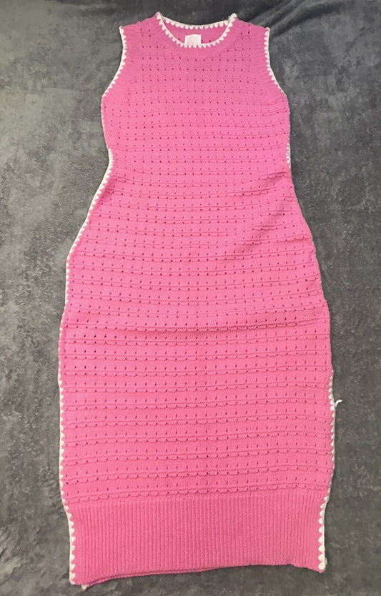 So Me Reece Pink Pointelle Knit Midi Dress Women’s L Sleeveless Contrast Trim