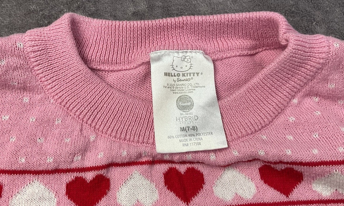 Hello Kitty Sanrio Girls Pink Holiday Christmas Knit Sweater Size M 7/8 Hearts