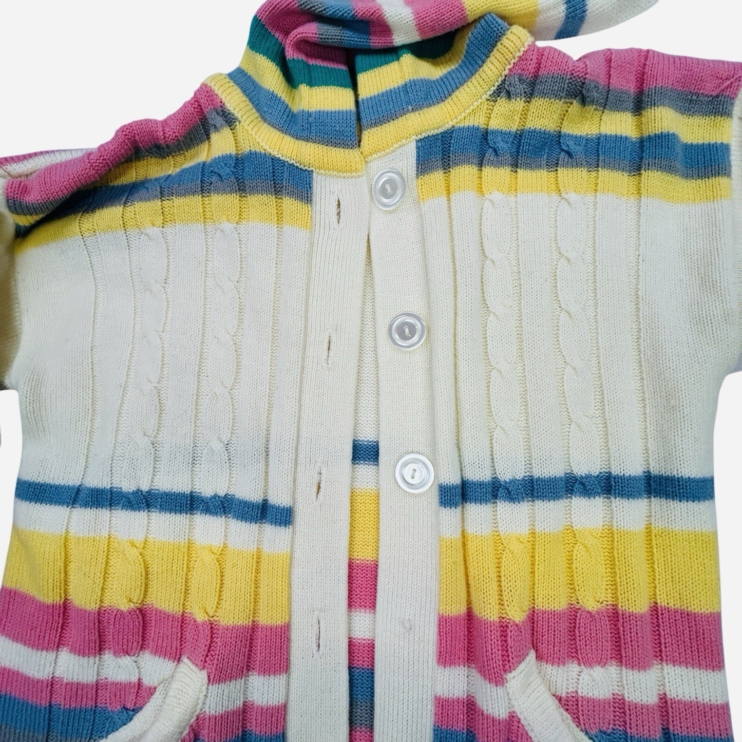 Women's Hooded Cable Knit Cardigan Sweater Pastel Stripe Button Front Pockets