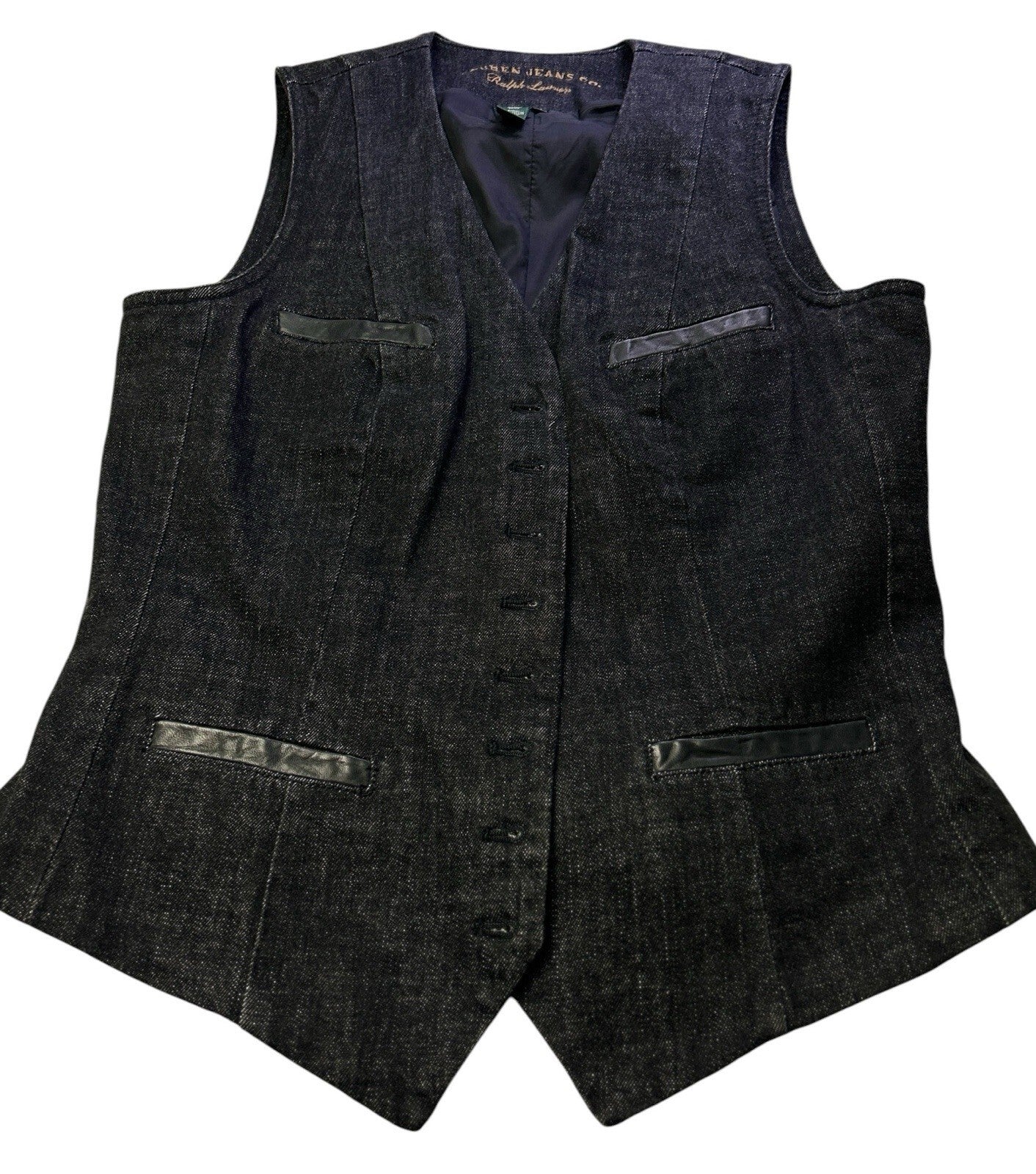 Ralph Lauren Jeans Co. Denim Vest Womens Medium Black Button Front Leather Trim