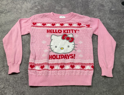 Hello Kitty Sanrio Girls Pink Holiday Christmas Knit Sweater Size M 7/8 Hearts
