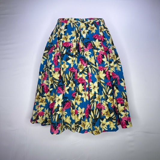 LuLaRoe XL Floral A-Line Skirt Blue Yellow Pink Pull On Stretch Midi Women's