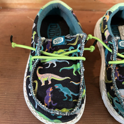 Hey Dude Wally Toddler C8 Dinosaur Shoes Black Multicolor Green Bungee Lace