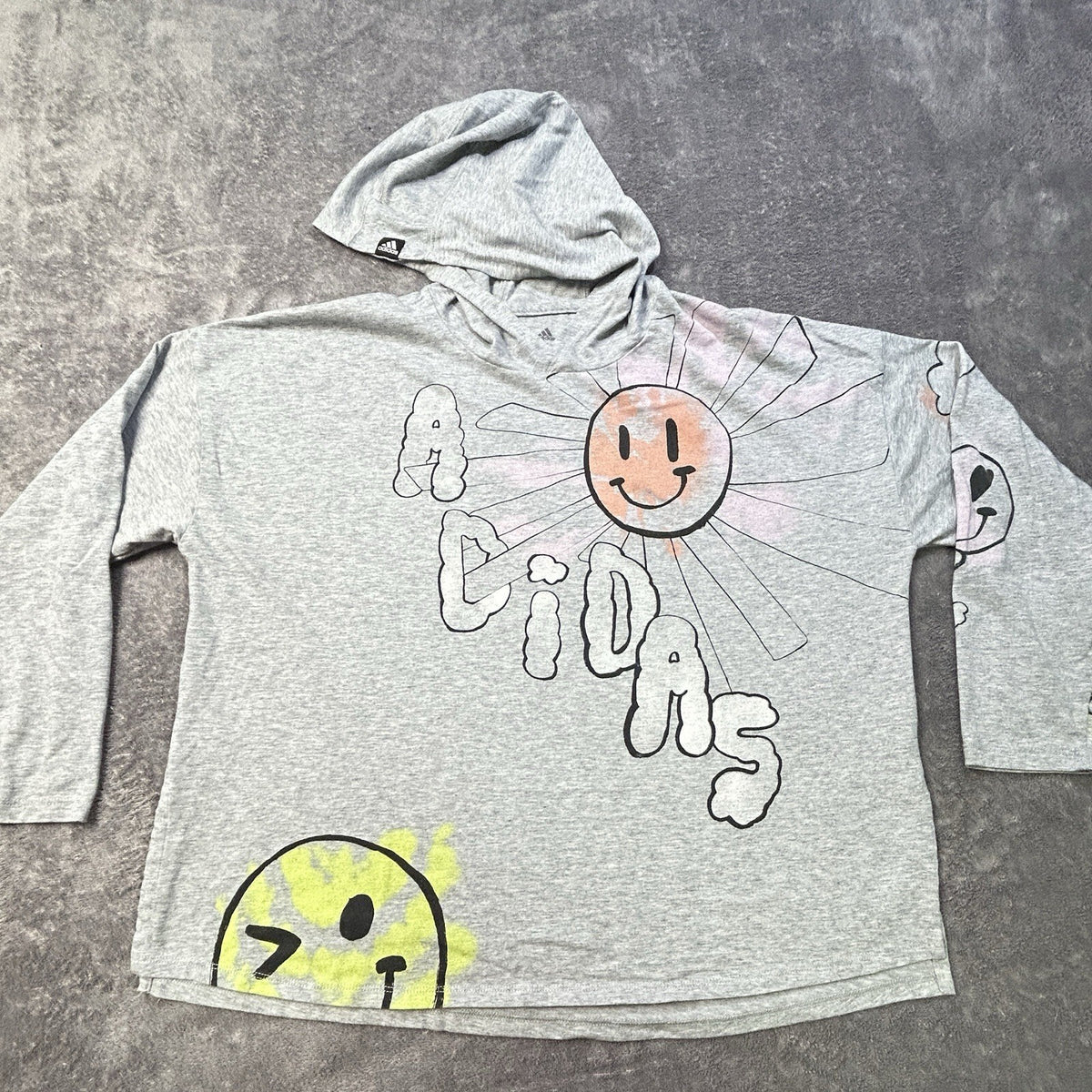 Adidas Girls XL 16 Grey Heather Smiley Face Graphic Long Sleeve Hooded Tee