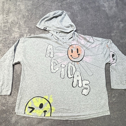 Adidas Girls XL 16 Grey Heather Smiley Face Graphic Long Sleeve Hooded Tee