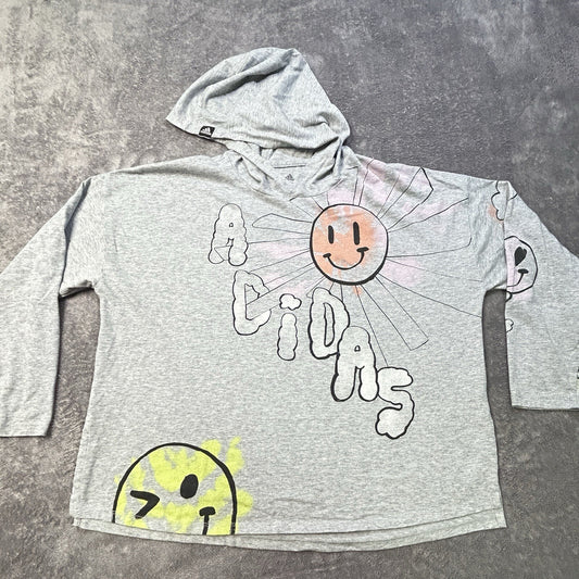 Adidas Girls XL 16 Grey Heather Smiley Face Graphic Long Sleeve Hooded Tee