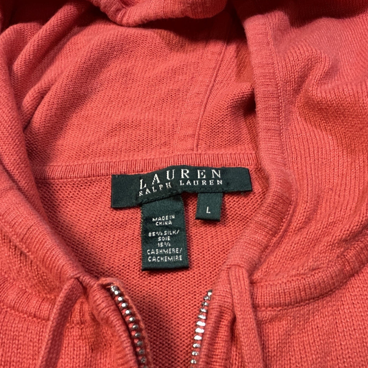 Lauren Ralph Lauren Silk Cashmere Hoodie Women L Full Zip Sweater Coral Orange