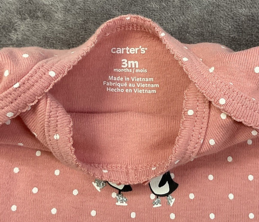 🐧 Carter's Pink Penguin Long Sleeve Bodysuit (3 Months)