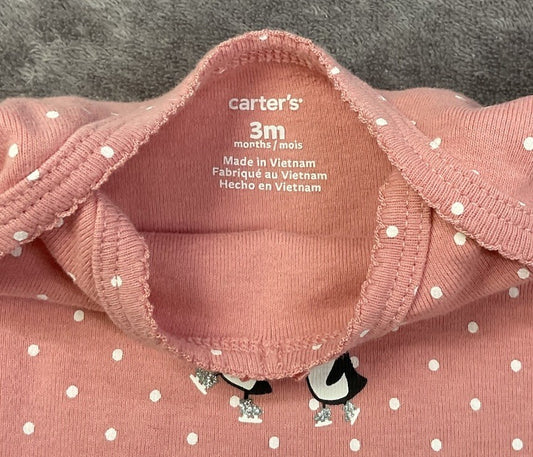 🐧 Carter's Pink Penguin Long Sleeve Bodysuit (3 Months)