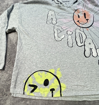 Adidas Girls XL 16 Grey Heather Smiley Face Graphic Long Sleeve Hooded Tee