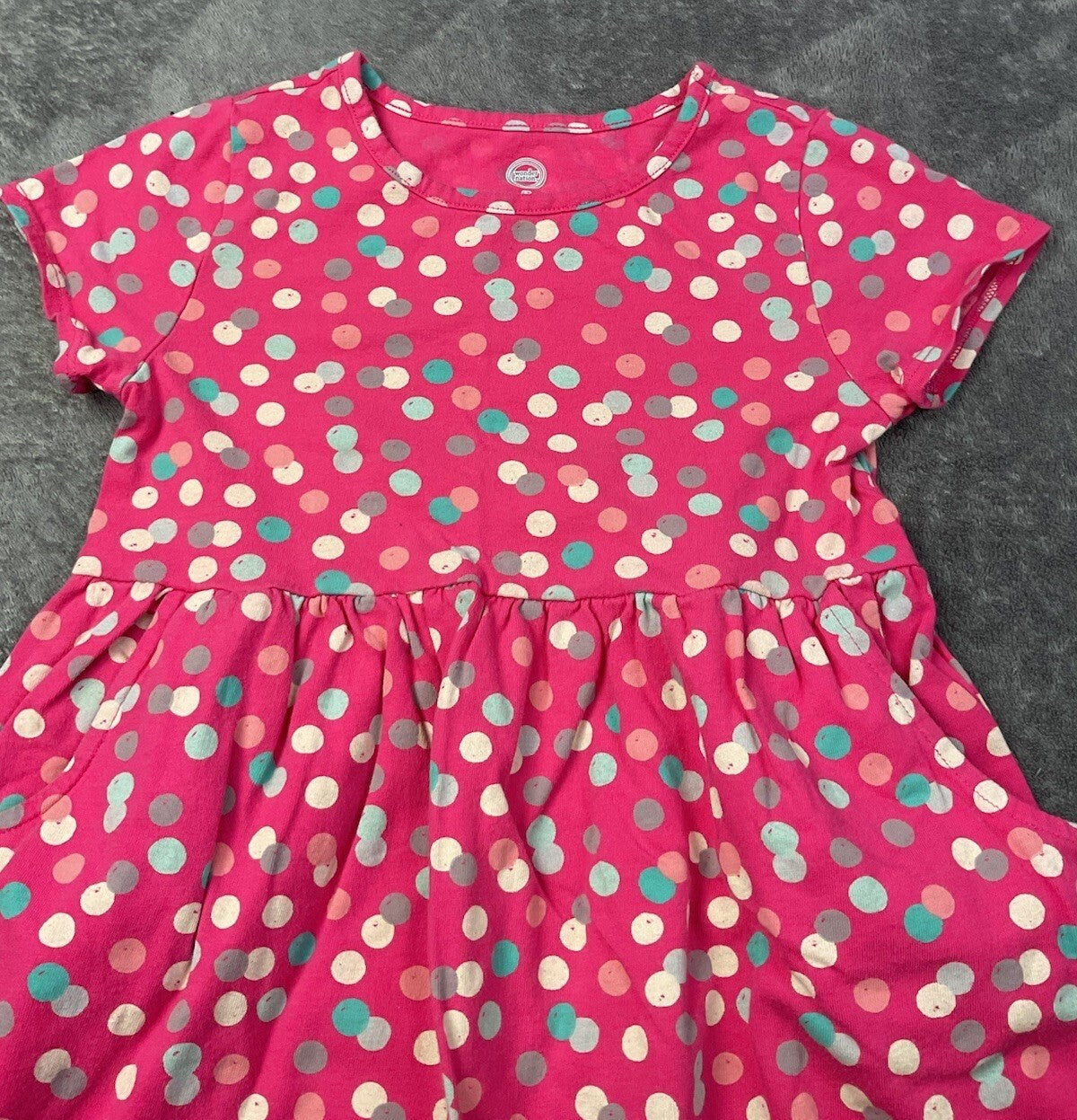 Wonder Nation Girls Pink Polka Dot Dress Size 5T Short Sleeve Pockets Cotton