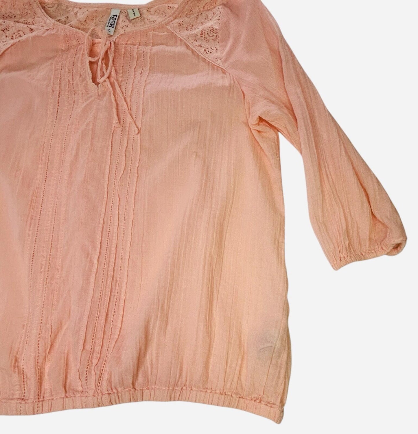 Mudd Womens Large Peach Boho Peasant Blouse Lace 3/4 Sleeve Cotton Top
