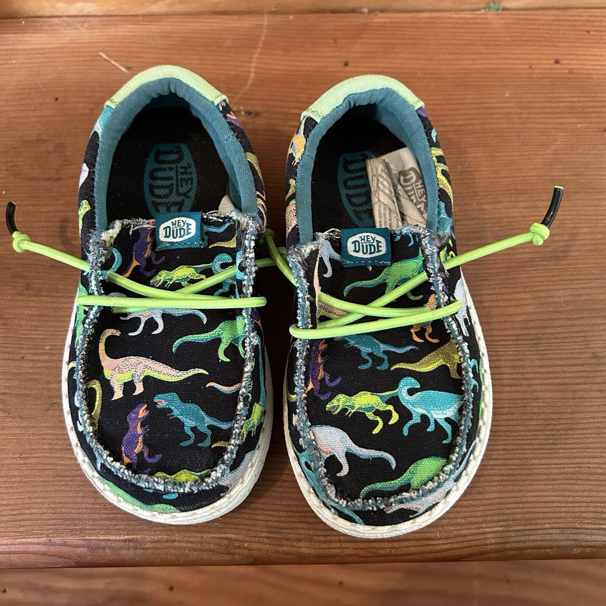 Hey Dude Wally Toddler C8 Dinosaur Shoes Black Multicolor Green Bungee Lace