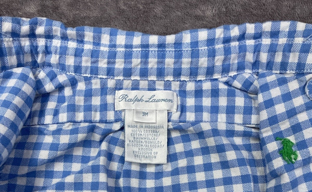 Ralph Lauren Baby Boys 3M Blue White Gingham Button Down Shirt Pony Logo 100% Co