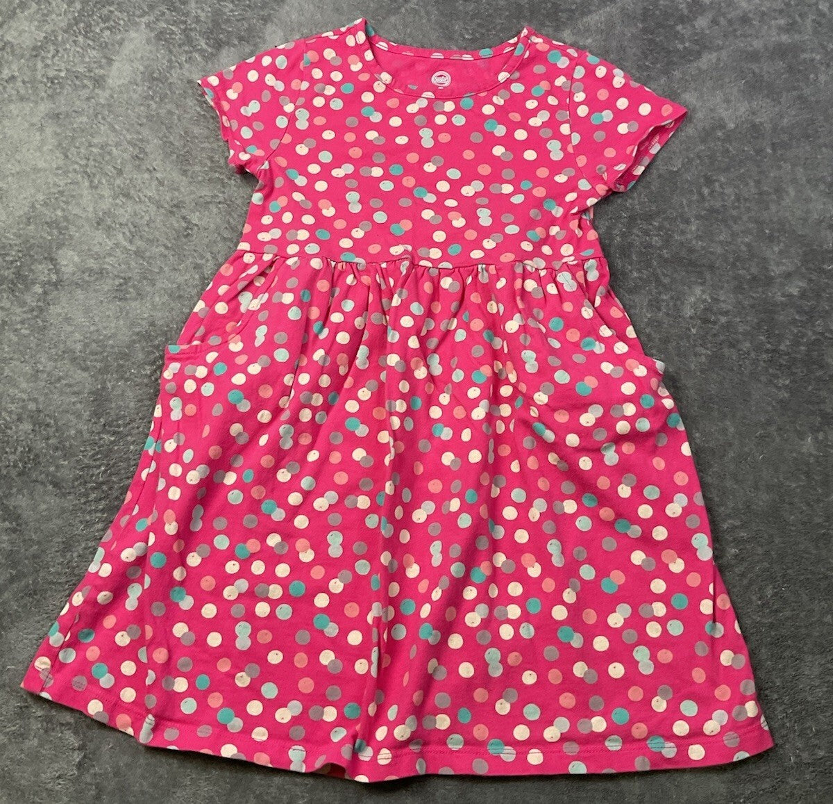 Wonder Nation Girls Pink Polka Dot Dress Size 5T Short Sleeve Pockets Cotton