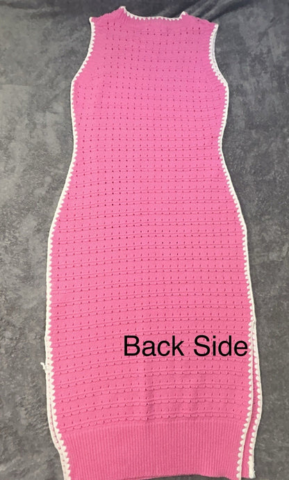 So Me Reece Pink Pointelle Knit Midi Dress Women’s L Sleeveless Contrast Trim