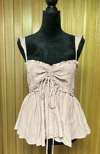 Pink Lily Women’s Small Dusty Rose Smocked Babydoll Cami Top Ruched Drawstring