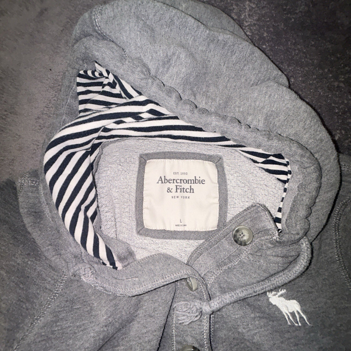 Abercrombie & Fitch Hoodie Women’s L Gray Henley Moose Striped Hood Y2K