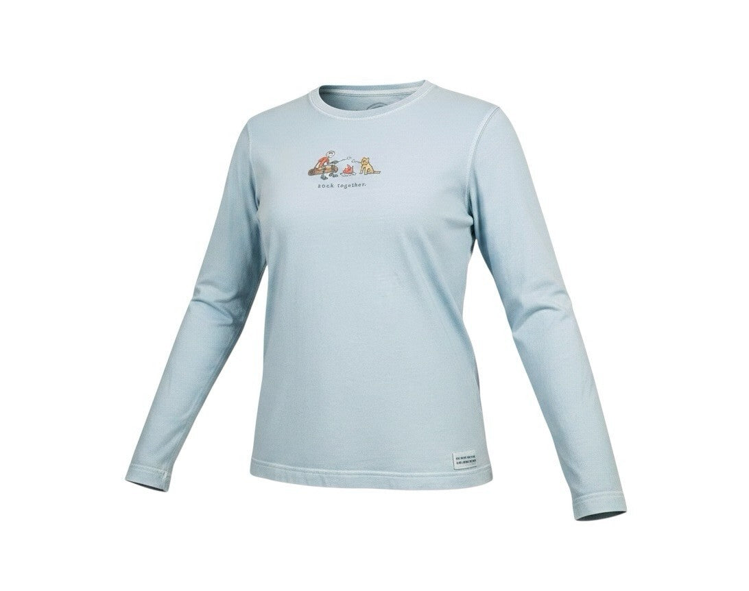 Life is Good Stick Together Long Sleeve T-Shirt Blue Campfire Dog Cotton Tee