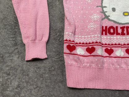 Hello Kitty Sanrio Girls Pink Holiday Christmas Knit Sweater Size M 7/8 Hearts