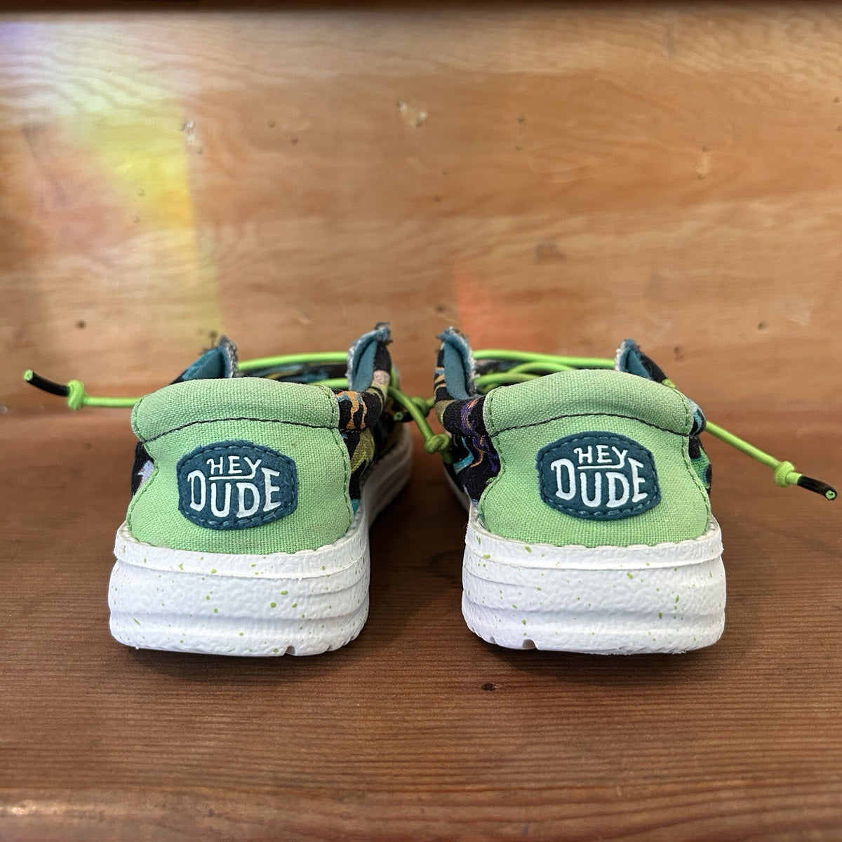 Hey Dude Wally Toddler C8 Dinosaur Shoes Black Multicolor Green Bungee Lace