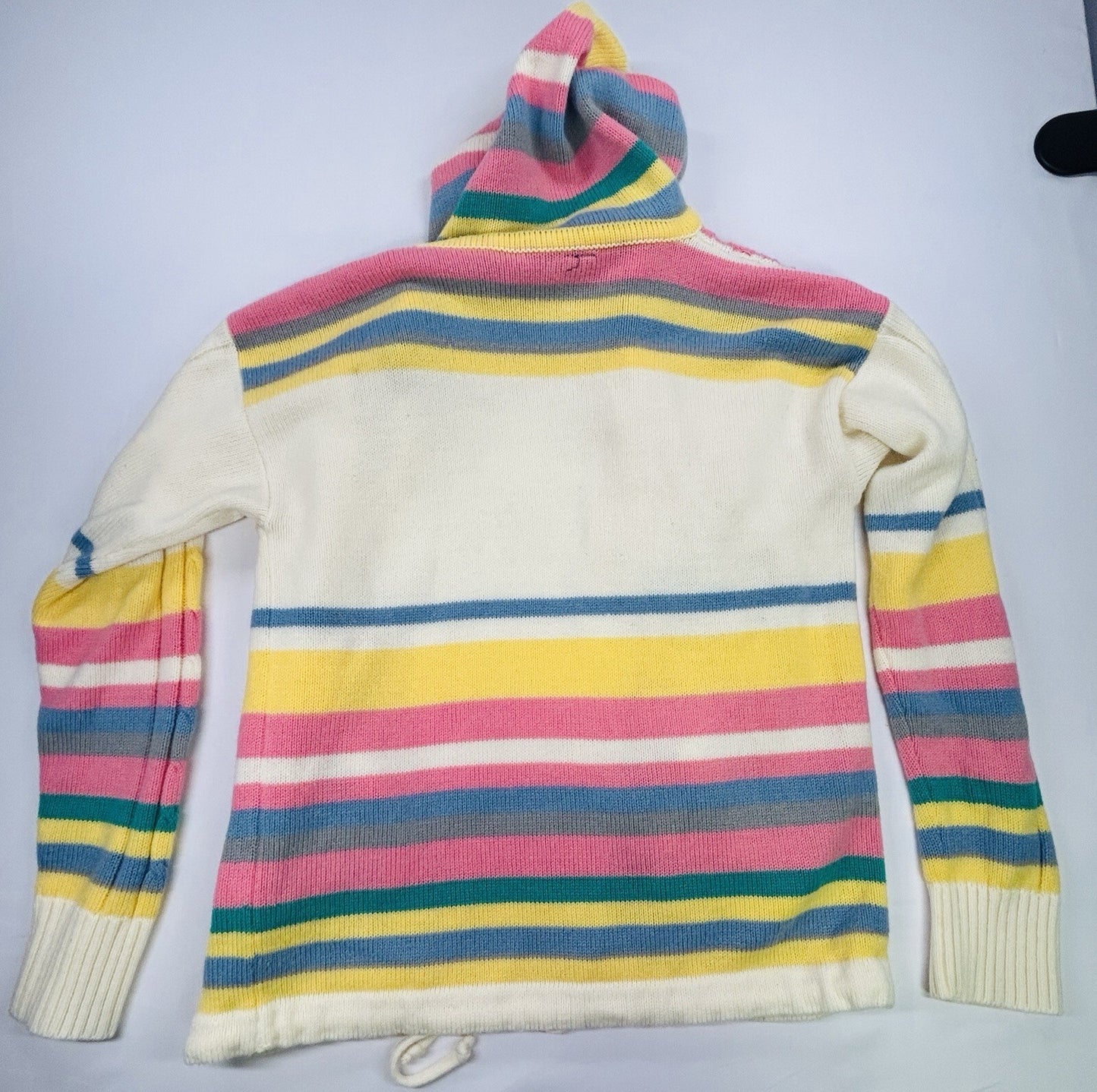 Women's Hooded Cable Knit Cardigan Sweater Pastel Stripe Button Front Pockets