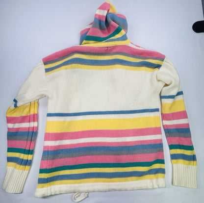 Women's Hooded Cable Knit Cardigan Sweater Pastel Stripe Button Front Pockets