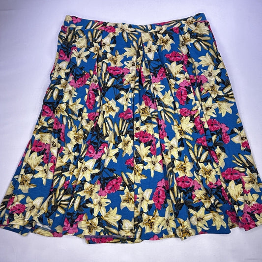 LuLaRoe XL Floral A-Line Skirt Blue Yellow Pink Pull On Stretch Midi Women's