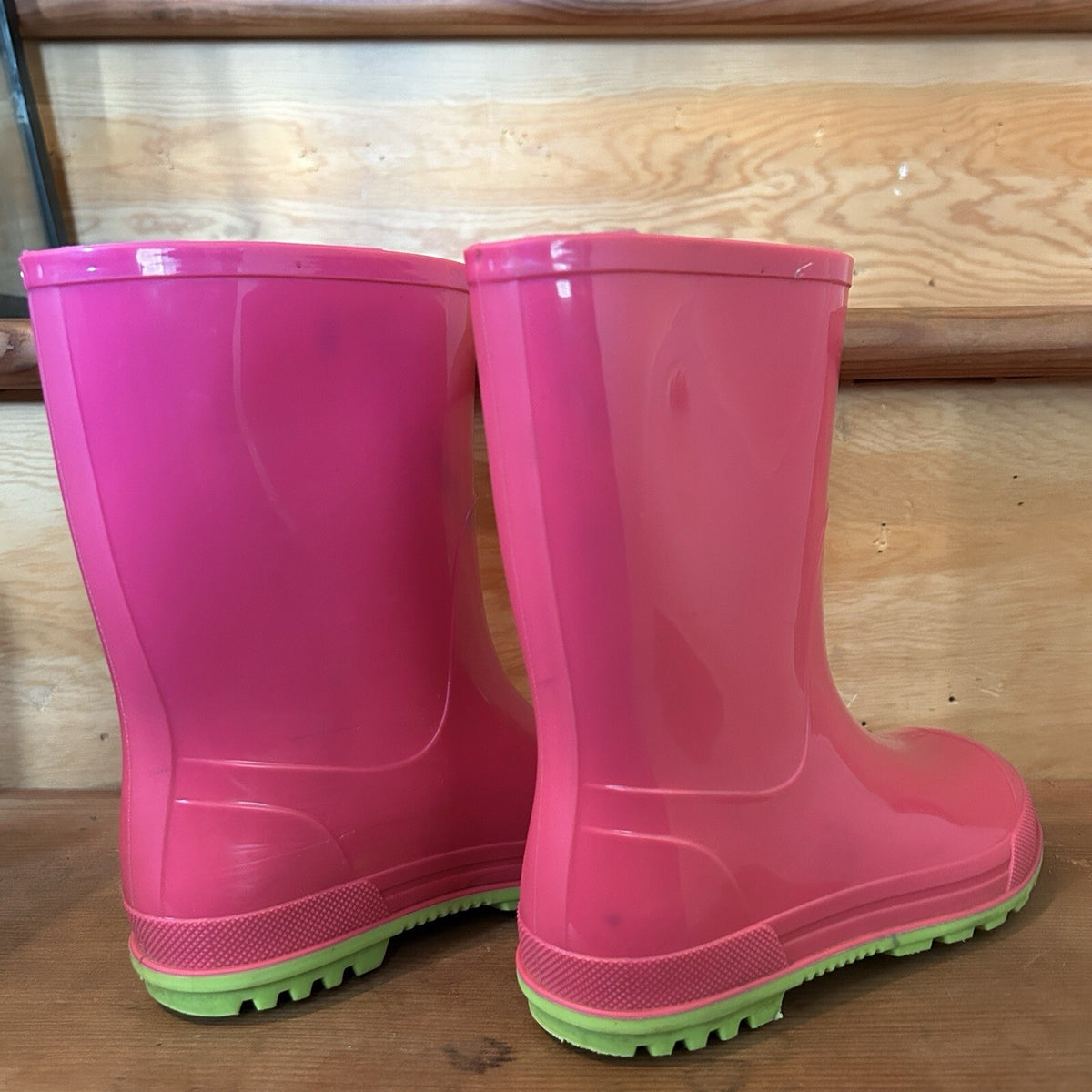 Kids Pink Green Rubber Rain Boots Size 13/1 Waterproof Made in Canada