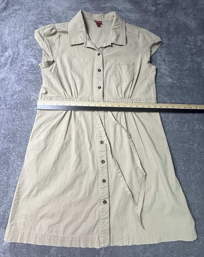 Merona Women’s XL Khaki Button Front Shirt Dress Tie Waist Pockets